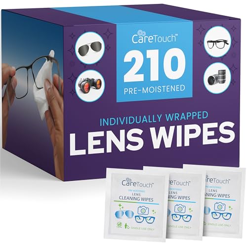 Care Touch Lens Wipes for Eyeglasses- 210 Count Individually Wrapped Pre- Moistened Wipes, 5 x 6 Inch- Camera Lens, Sunglasses and Glasses Cleaner,- Gentle and Portable for Cleaning of Optical Devices