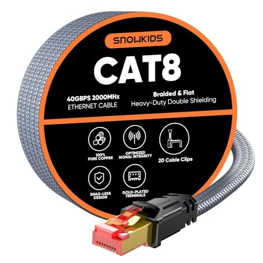 Snowkids Cat 8 Ethernet Cable 15 FT, Flat High Speed Ethernet Cable, 40Gbps,2000Mhz Braided Internet Cable, Gold Plated RJ45 Connector, LAN Cable S/FTP Network Cable for Modem/Router/PS4/5/Gaming/PC