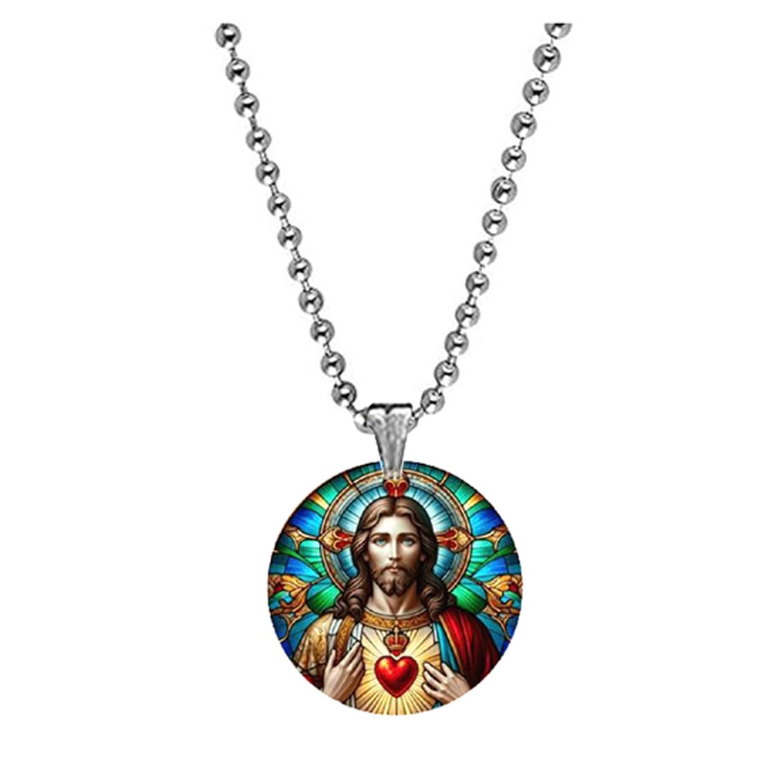 Sacred Heart of Jesus Acrylic Pendant with Bead Chain | Christian Religious Jewelry-image-37