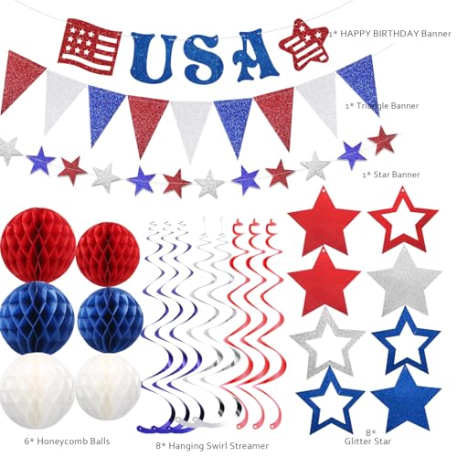 Image of 4th of July Decorations,Red White Blue Party Decorationsr,Red White Blue Honeycomb Ball,Star Hanging Swirl,star Garland for Memorial Veterans Labor Presidents Flag Day Home Parties Accessories