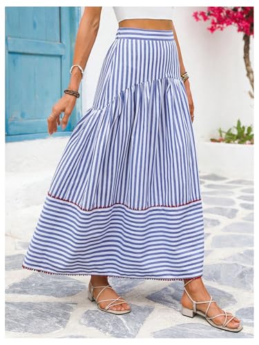 Verdusa Women's Striped Maxi Skirt Elastic High Waisted Tiered A Line Flowy Long Skirts3