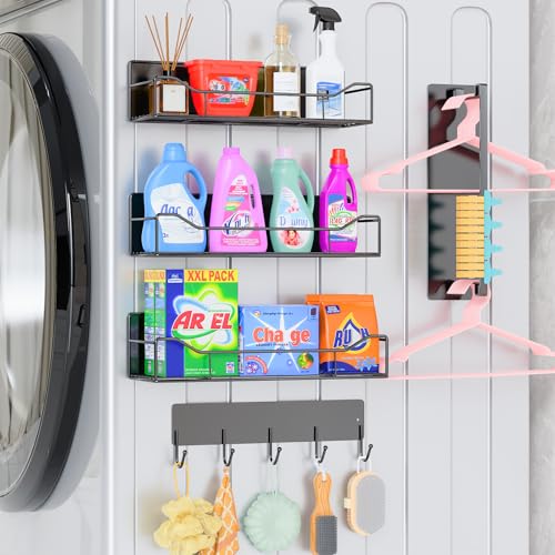 JulktLli 5 Pack Multifunctional Magnetic Shelves for Washing Machine & Refrigerator - Heavy Duty Laundry Room Organization System with Tool Hooks, Metal Storage Baskets (Black)