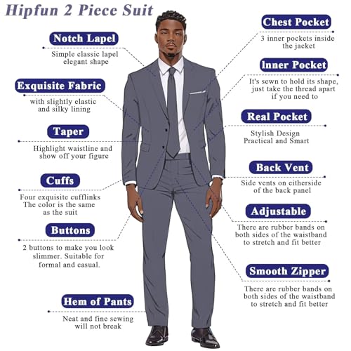 Mens 2 Piece Slim Fit Suit Set Two Button Solid Suit Jacket Pants with Tie Notch Lapel Casual Wedding Suits3