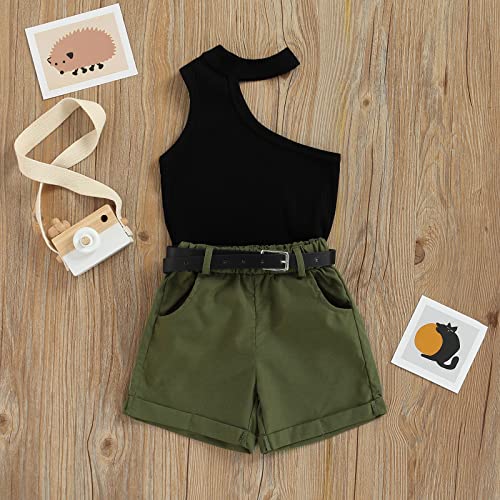 Goocheer Little Toddler Baby Girl Off Shoulder Knit Sleeveless T-Shirt Tank Vest Tops Shorts Pants +Belt Kids Summer Clothes Set (Black+Army Green, 1-2T) #TOP1