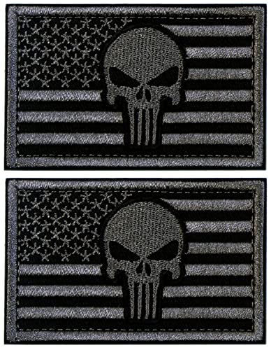 Tactical Patches of American Flag with Skull, Backed with Hook and Loop for Use on Backpacks Caps Jackets Uniforms, Military Army Morale Emblems, Size 3x2 Inches, Pack of 2