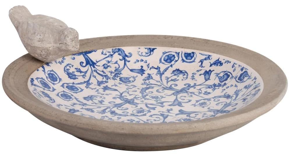 Aged Glazed Ceramic Blue & White Pattern Garden Collection Rustic (Bird Bath)