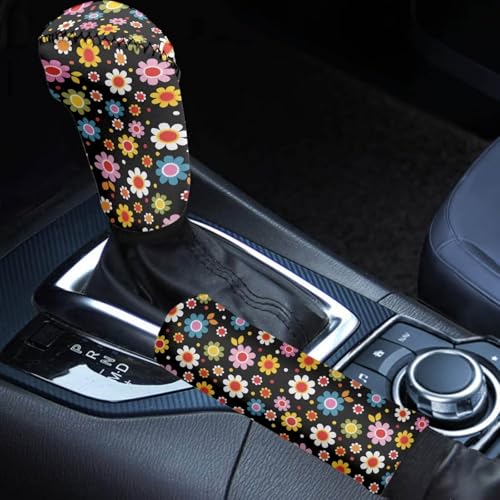 Buybai 2 Pack Set Floral Auto Handbrake Cover and Gear Shift Knob Cover Set Car Interior Decor Accessories, Hippie Daisy Print
