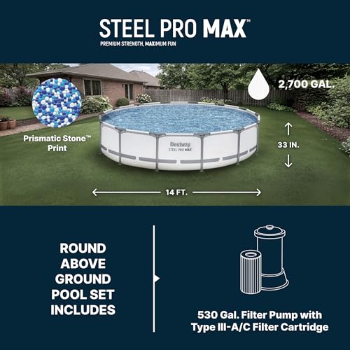 Image of Bestway Steel Pro MAX 14' x 33 inch Round Above Ground Pool Set with Pump | Metal Frame Pool, Corrosion-Resistant Steel, Puncture-Resistant Liner, Filter Pump, No-Tool Setup, Quick-Click Connectors