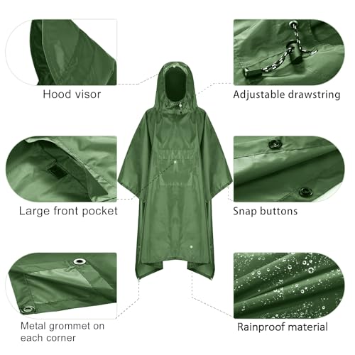 TOMSHOO Regenponcho Regenjacke Unisex, 3 in 1 Mehrzweck Regenmantel Camping Zelt und Decke mit Aufbewahrungstasche, Längere Krempe Regencape Wasserdicht für Camping, Wandern und mehr