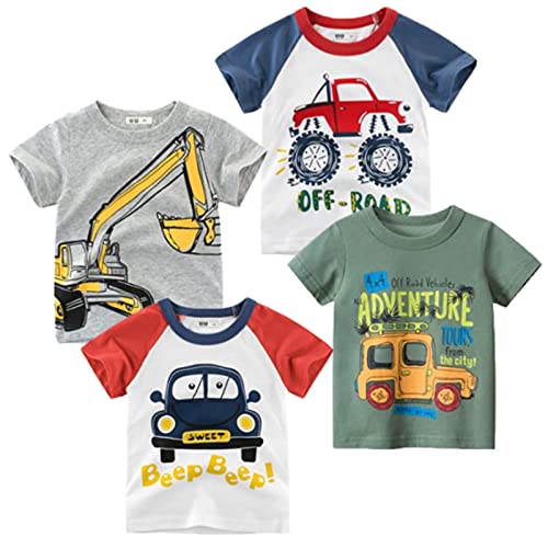 HZXVic Boys 4-Pack Cotton Tshirts Kids Short Sleeve Toddler Top Tee Shirts Crewneck T-Shirt Size 2-6 Years(Vehicle,6-7T)