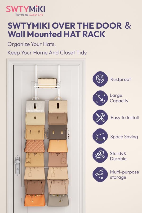 SWTYMIKI Over the Door Purse Organizer - Wall Mounted Handbag Organizer with 16 Hooks and Metal Basket, Hanging Purse Storage Rack Holds up to 16 Bags, Bag Rack Can Use As 1/2 Part, for Door, Closet White 9-Tier