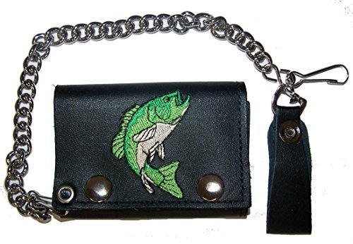 EMBROIDERED BASS FISH Mens Biker Leather Tri-fold Wallet with Chain
