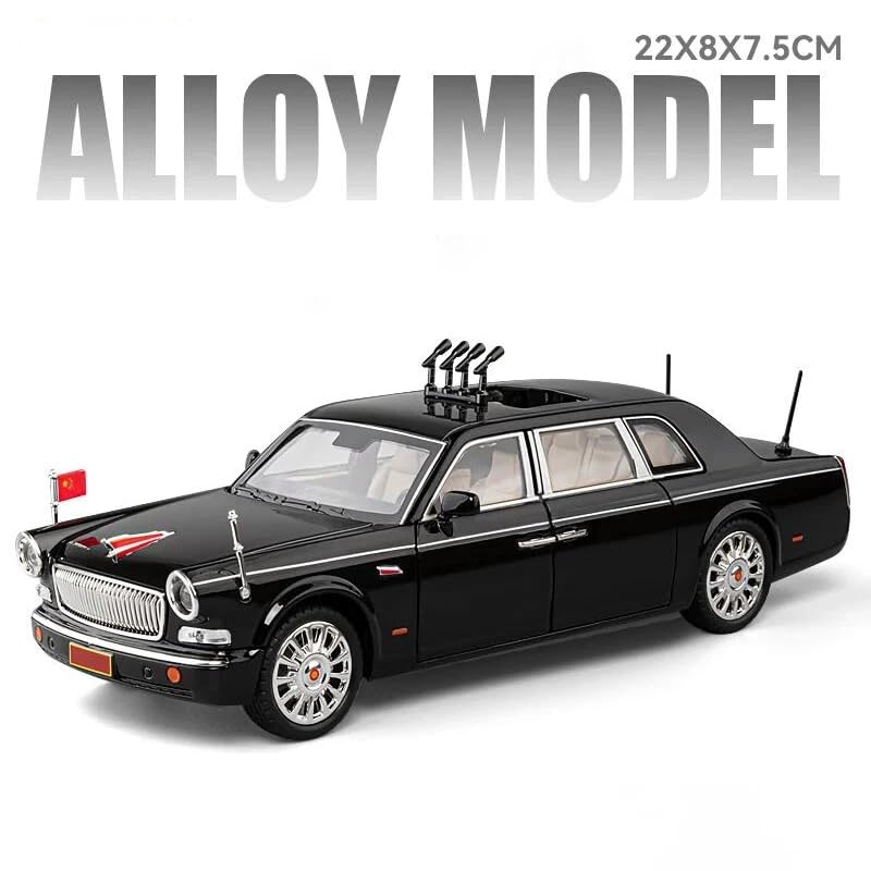 Image of 1:24 HONGQI L5 Military Parade Car Model | Diecast Metal Toy Car with Pull Back Action, Sound & Light | Openable Doors | Premium Vintage Sedan for Kids & Collectors