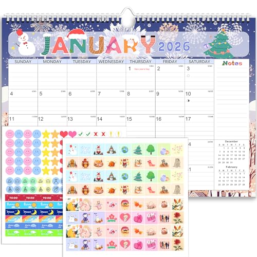 Calendar 2026, Anti Ink Bleed, Durable Thick Paper, Ample Writing Space, Wall Calendar 2026 with Stickers, 17' x 12' Large Seasonal Calendars for...