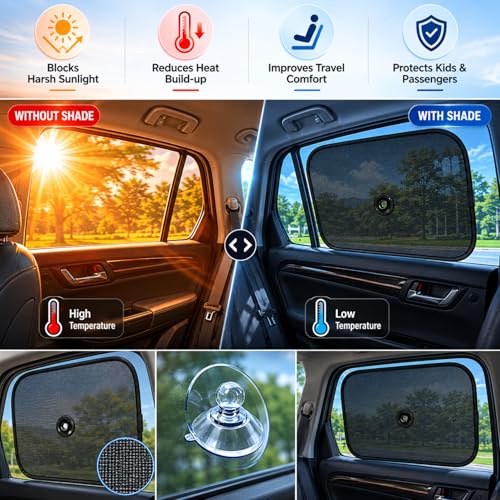 Image of AutokraftZ 𝗨𝗻𝗶𝘃𝗲𝗿𝘀𝗮𝗹 Car Window Sunshade (𝗣𝗔𝗖𝗞 𝗼𝗳 𝟰) 𝗢𝗣𝗧𝗜-𝗘𝘅𝘁𝗿𝗮 𝗗𝗮𝗿𝗸 Sun Protection for Heat Reduction Sun Shade with Suction Cups Car Glass Shield & Blinds