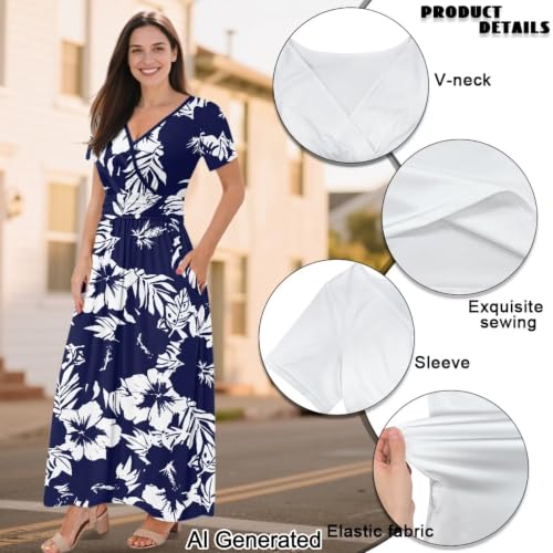Image of Women's Fall Summer Short Sleeve Ankle Length V-Neck Party Dress with Pockets Size S-3XL