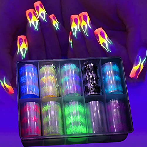 CRESS Flame Nail Stickers 10 Rolls Foil Transfer Fire Art Decals Supplies Colorful Fluorescent Set Decoration Tips Manicure Accessories for Women Kids Shape Acrylic Charms (116)