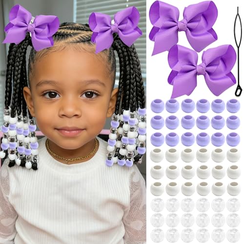 NAISKA 62PCS Purple Beads for Hair Braids 4.7inch Hair Bows Clips Round Dreadlock Beads Braids Clips with Bow 2 Styles Loc Accessories for Kids Girls