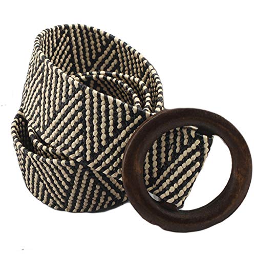 Andongnywell Women Woven Belt Round Wooden Buckle Braided Belts PP Straw Summer Elastic Stretch Dress Belt - Main Image