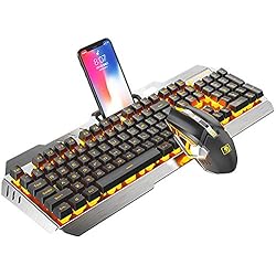 Teclado Y Mouse Iluminado Juego de Teclado y ratón inalámbricos para Juegos, 2,4 G, Recargable, 3800 mAh, Gran Capacidad, con retroiluminación LED Naranja, Teclado + 2400 dpi 7 Colores de respiración retroiluminada - Negro