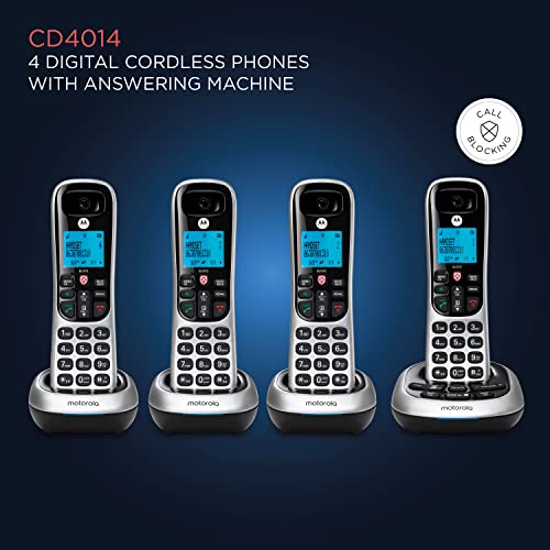 Image of Motorola CD4014 DECT 6.0 Cordless Phone with Answering Machine and Call Block, Silver /Black, 4 Handsets