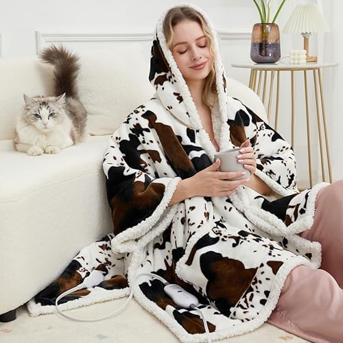 Electric Heated Wrap for Women, Cow Print Wearable Heated Blanket with Hood & Pocket, Winter Gifts for Adults, Soft Heating Blanket with 4 Heat Levels & Auto Shut-Off (White Cow Print, 50