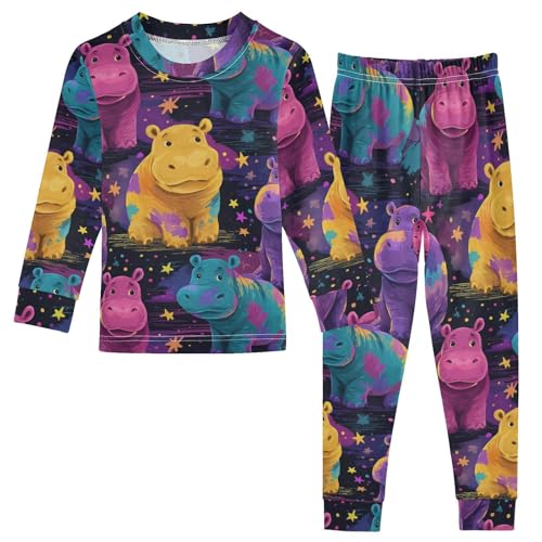 Pajama Sets Long Sleeve Colorful Hippo Pattern Artwork Soft Comfy Sleepwear 2 Piece PJS 3-8T
