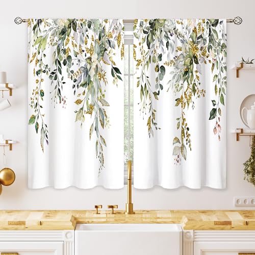 Oolygoo Eucalyptus Botanical Leaves Green Gold Floral Kitchen Window Curtains