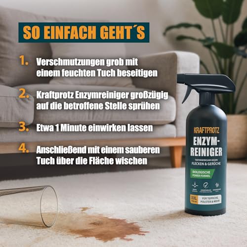 Enzymreiniger – Geruchsentferner & Fleckenentferner Spray 750 ml – porentief & biologisch – für Sofa, Teppich, Matratze, Auto & Haushalt – gegen Schmutz, Schweiß, Gerüche & Tierspuren – KRAFTPROTZ