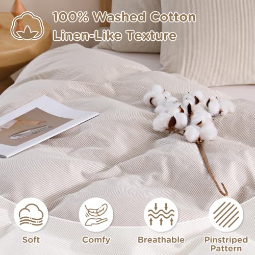 Image of TOCOMOA Brown Striped Duvet Cover Bedding Set 100% Washed Cotton Like Linen Feel Super Soft Comfy 3 Piece Tan Pinstriped Fall Comforter Cover Set (King 104 inchx90 inch, Comforter Not Included)