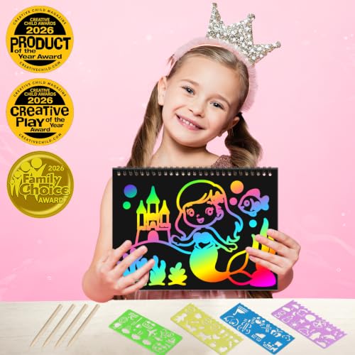 Image of ZMLM Scratch Paper Art Craft: 2 Pack Rainbow Scratch Set for 3 4 5 6 7 8 9 10 Years Old Girls Boys Students Drawing Coloring Black Magic Art Supplies Kits Gifts School Birthday Party Toys (Mermaid)