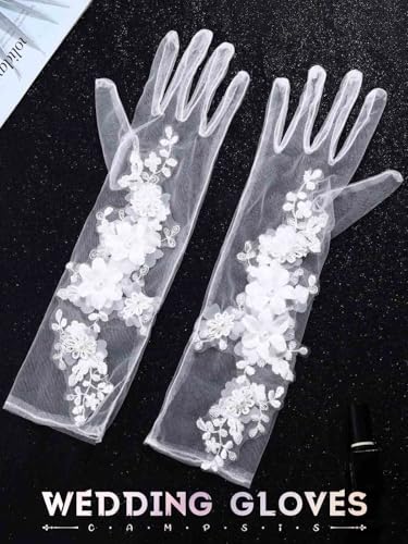 Campsis Lace Gloves White Bridal Lace Gloves Floral Tulle Glove for Women4