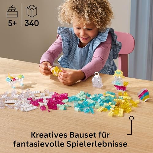LEGO Classic Zauberbox mit durchsichtigen Steinen - Farbenfrohe Bausteine und Aufhängersteine - Einhorn, Drache, Pinguin und weitere Figuren - Bastelset für Mädchen & Jungen ab 5 Jahren 11040