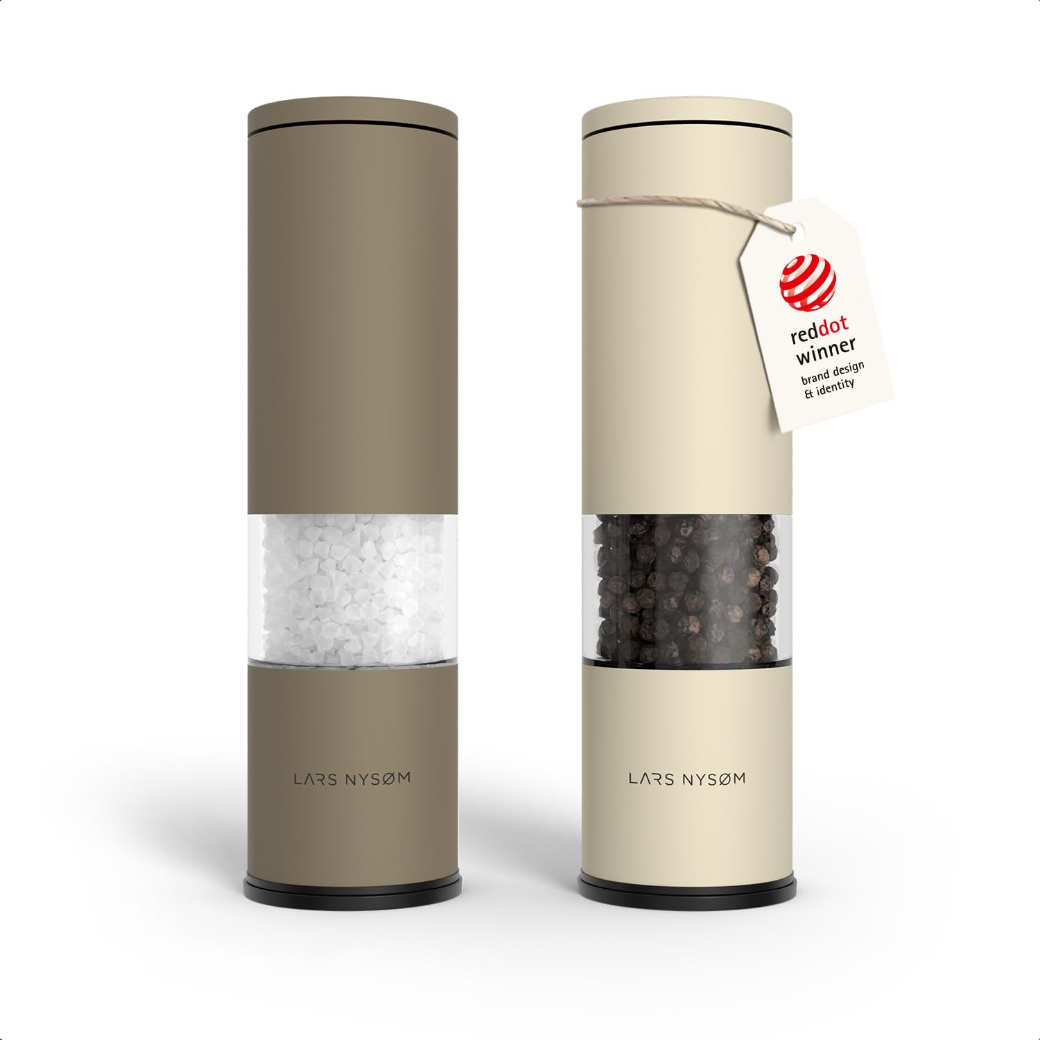 LARS NYSØM Salz und Pfeffermühle Set Manuell mit einstellbarem Keramikmahlwerk I Edelstahl Pfeffermühle und Salzmühle I Design Gewürzmühlen Set (2 Stück) (Brown/Beige)