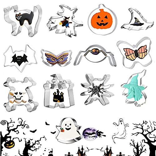 HUIYING Moldes de galletas halloween, Cortador de Galletas de Halloween13 PCS Moldes de Galletas Acero Inoxidable para Pastel,Cookie, Fondant,Formas Halloween Variadas Fiesta Galletas Cover