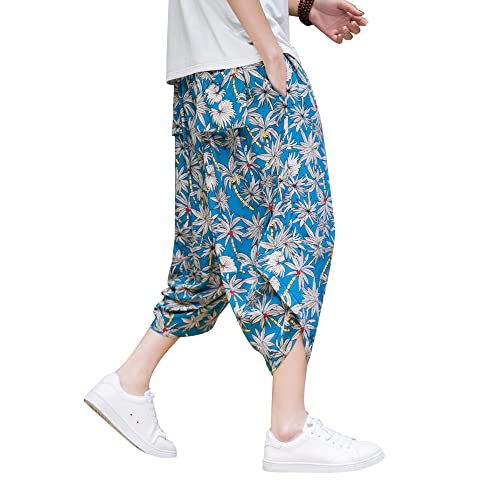 DOSLAVIDA Men's Casual Elastic Waist Linen Capri Pants Wide Leg Baggy Cotton Harem Yoga Trousers Loose Patchwork Short3
