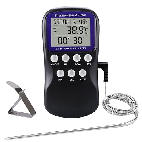 Termómetro de alimentos, termómetro de comida para barbacoa con retroiluminación y temporizador de cocina, termómetro de sonda de temperatura