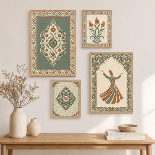 Image of Livin'luxe Set of 4 Persian Floral & Sufi Dancer Wall Paintings with Sparkle Laminate and Premium Wooden Synthetic Frame for Living Room Bedroom Office Decor (13.5 x 19.5 Inch & 11.5 x 13.5 Inch)