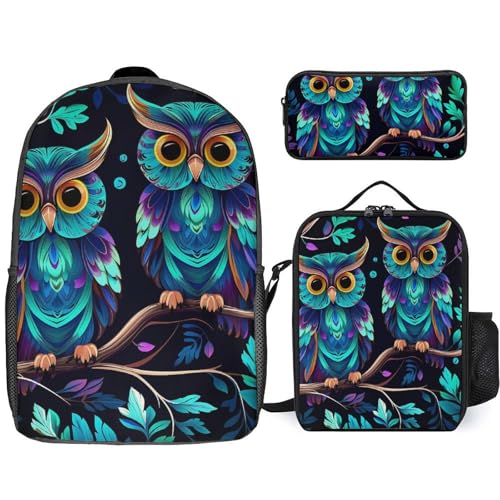 Sac à dos 3 pièces mixte avec sac à déjeuner isotherme et trousse hibou vert