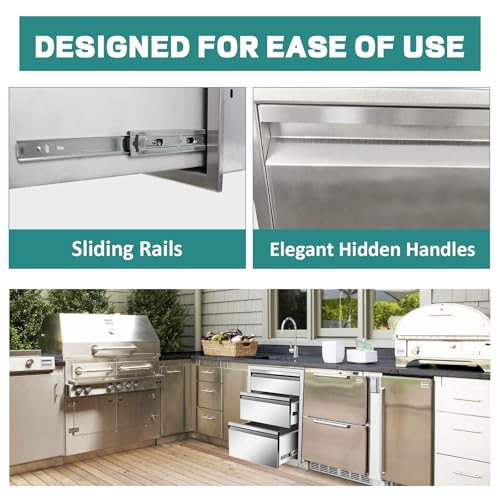 Image of Outdoor Kitchen Drawers 18 inch W x 24 inch H x 23 inch D Stainless Steel Drawer BBQ Triple Drawers with Hidden Handle for Outdoor Kitchen Island, Patio Grill Station