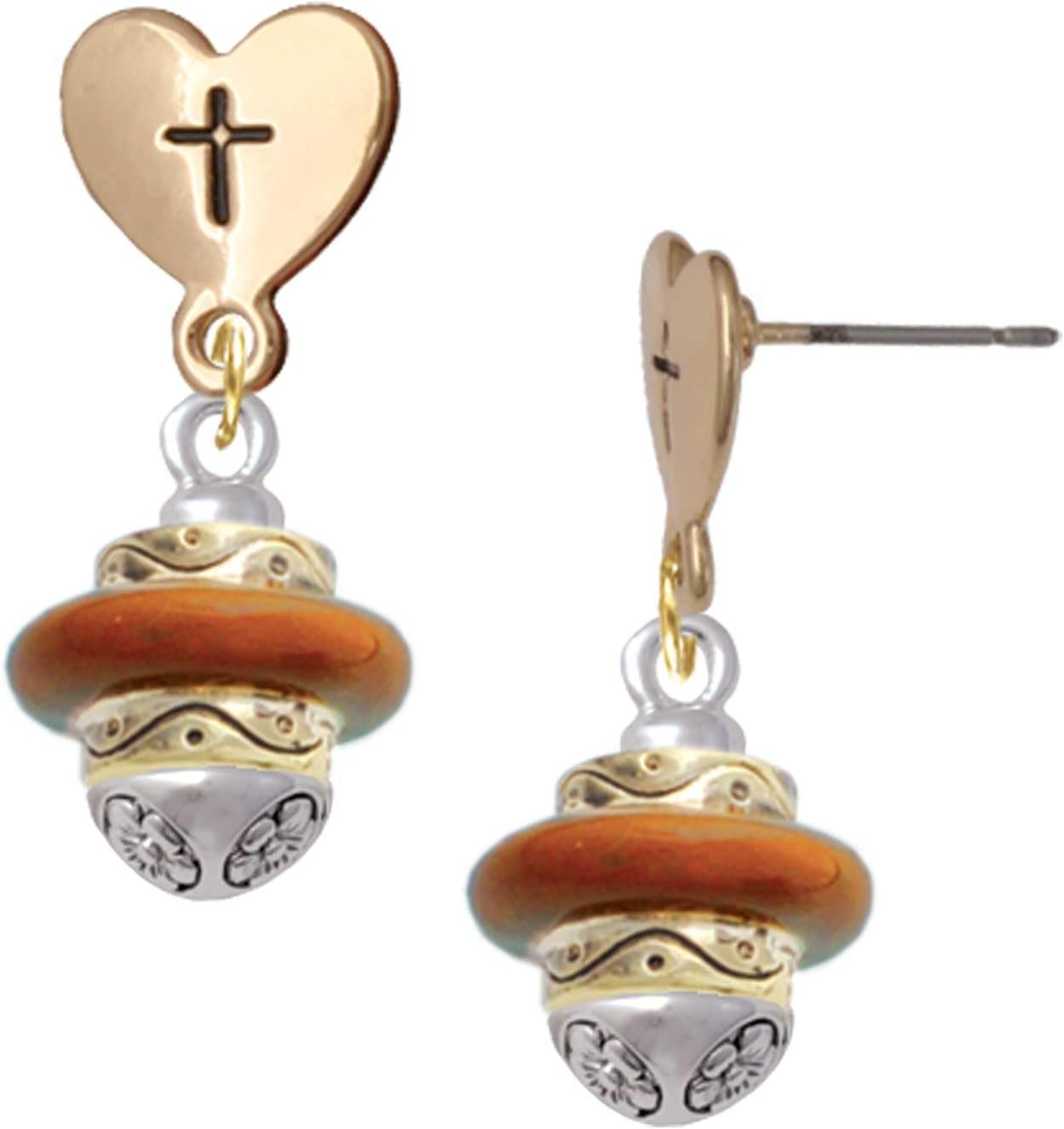 Delight Jewelry Goldtone Translucent Brown Center Spinner Cross in Heart Post Dangle Earrings