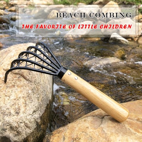 SHANFEEK Garden Rake 5 Claw Landscape Dethatcher Thatching Beach Combing Rake for Digging Clam Shell Defoliation Hoe Garden Tool for Loosen the Soil Brown - Image 5
