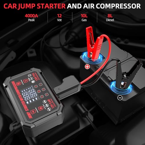 Jump Starter with Air Compressor, 4000A Peak Portable Car Battery Jumper Starter with 150PSI Auto-Shutoff Tire Inflator, 12V Car Jump Box with LED Light&LED Display All Gas /10L Diesel,Motorcycle — view 2