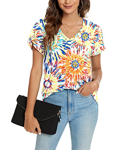 Kuotai Women's Tops Summer T Shirts Casual V Neck Petal Sleeve Blouses Shirt(Colorful Fireworks, 3X-Large) #TOP1