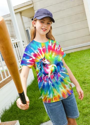 Image of SunFoucs Girls Kids Shirts Size 5-12 Tie Dye Casual Tshirt Short Sleeve Crewneck Tee Top | Short Sleeve Rainbow Tee Top