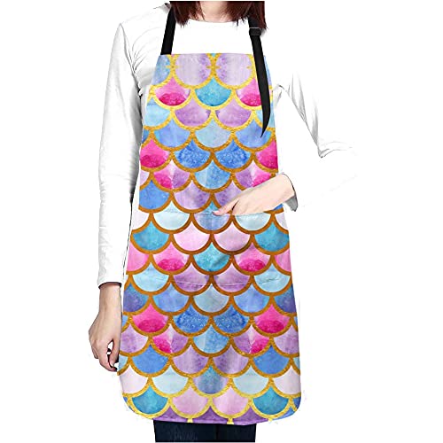 Nvjui Jufopl Cute Mermaid Fish Scales Apron For Women, With 2 Pockets Neck Adjustable Funny Aprons For Home Party Grill Baking #TOP29