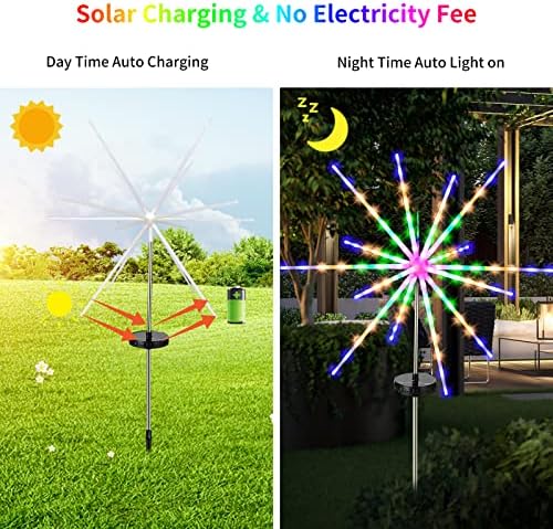 MDEDL Solar Garden Lights Outdoor, 2 Pack 112 LED Solar Firework Lights Waterproof, 8 Modes Starburst Lights with Remote for Garden Pathway Backyard Christmas Party Wedding Decorations(Multi Colour)