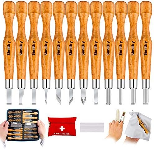 SIMILK 12 Set SK7 Carbon Steel Tools for Wood Carving with Protective Cover, Crafting Chisel tools with Leather Finger Guard & Storage Case & Graver Whetstones