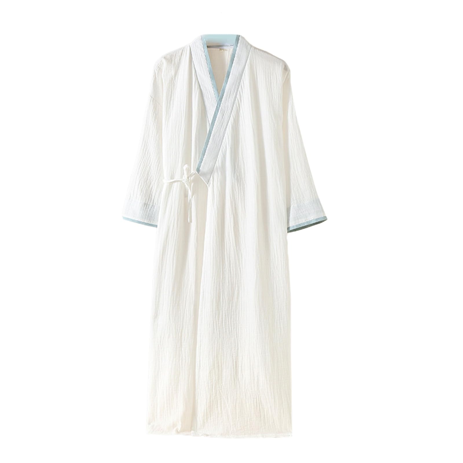 TIANQIHAO Mens Kimono Robe Lightweight Soft Bathrobe Sleepwear Japanese Long Robe Loungewear With Pockets,White Blue-Medium