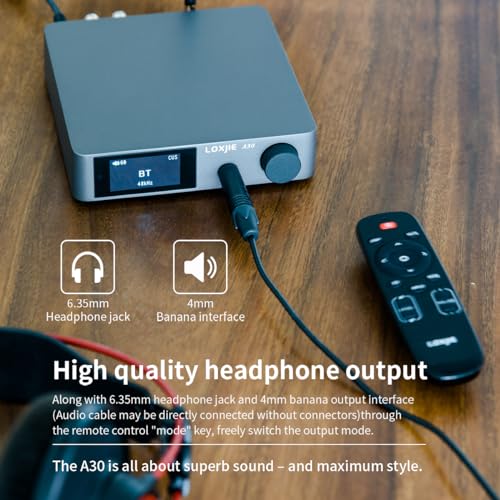 Image of LOXJIE A30 Desktop Stereo HiFi Audio Power Amplifier & Headphone Amplifier, Infineon's MA12070 Chip Class D Amp, ES9023 DAC Chip, USB /Optical /Coaxial /RCA /Bluetooth 5.0 Input (with Remote Control)